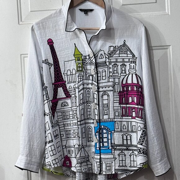 John Mark Sz PM Blouse Button Up Tunic White/Multi Graphic Paris Wire Collar - Picture 1 of 13